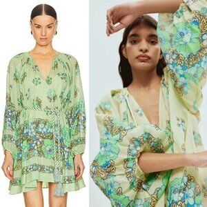 NWT Alemais Velma Lined V-Neckline A-Line Balloon Sleeve Mini Dress Green Size:4